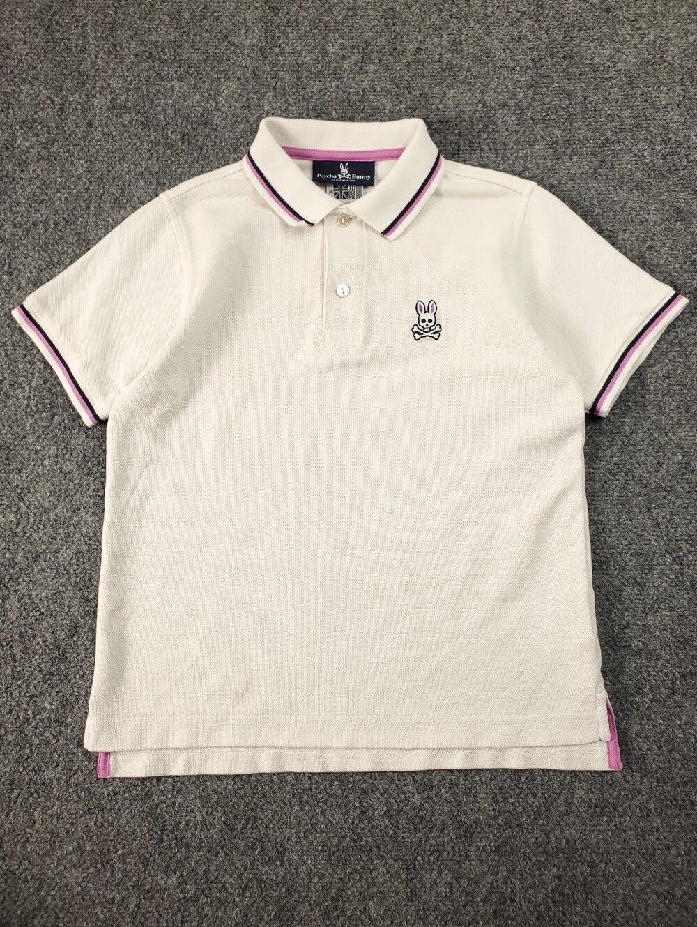 Psycho Bunny Polo Shirt Boys Youth Medium 10/12 Pima Cotton Skull White Pink